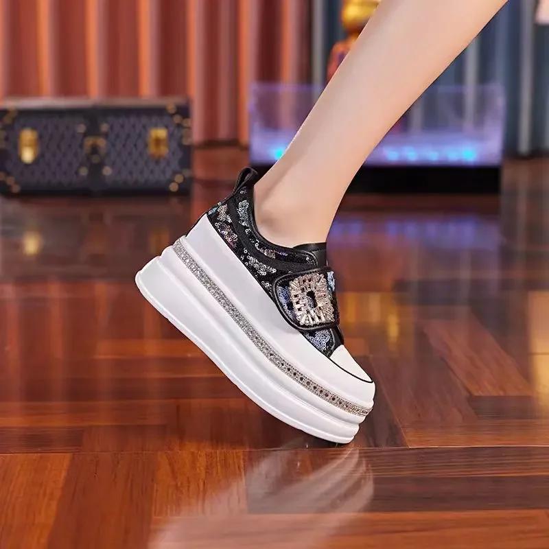 Fashion Women 8CM Platform Casual Outdoor Shoes Rhinestone Shine Decoration Sneakers Lace  Walking Sport Breathable Thick Bottom Shoes