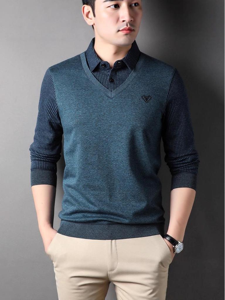 Herren Fleecegefüttertes Zweiteiliges Gestreiftes Revers T-Shirt für Herbst & Winter