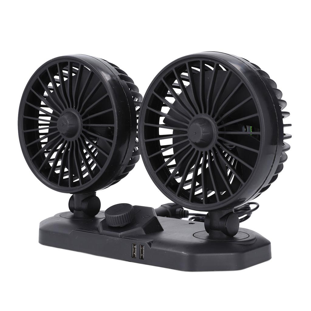 Dvouhlavý ventilátor do auta USB 12V oscilační přenosný 2 rychlosti 360stupňová rotace chladič vzduchu pro