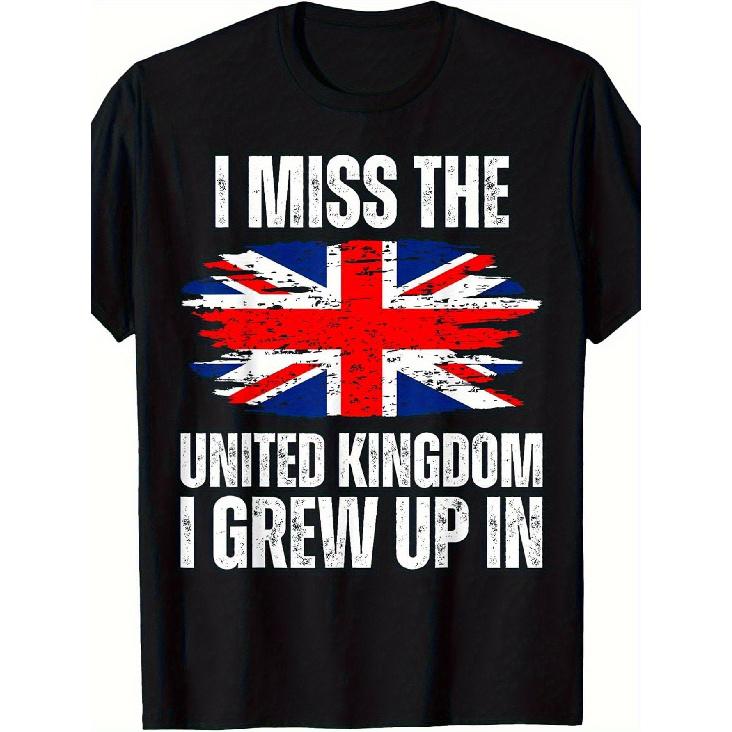 British Union Jack T-Shirt for & - Vintage Flag with I Miss The United Kingdom Slogan, Loose Fit Short Sleeve Casual Tee for English Ex-Pats