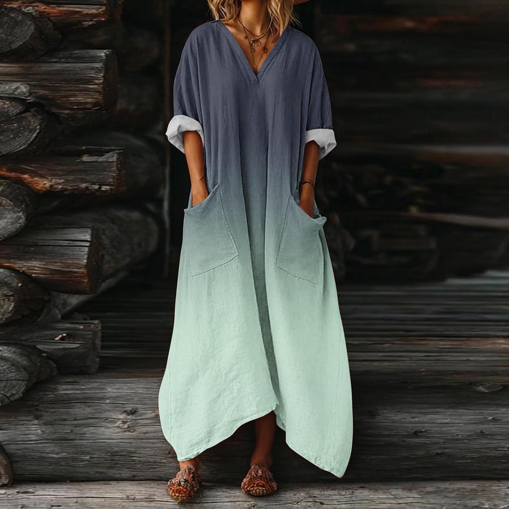 Damenkleid Lässig Fließende Kleider V-Ausschnitt Urlaub Boho Strand Sommerkleid