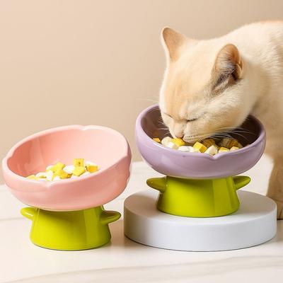 Simple Large-mouthed Ceramic Cat Bowl Flower Shaped Non-slip Anti-tipping Bowl Raised Design High Foot Bowl For Cats Dogs