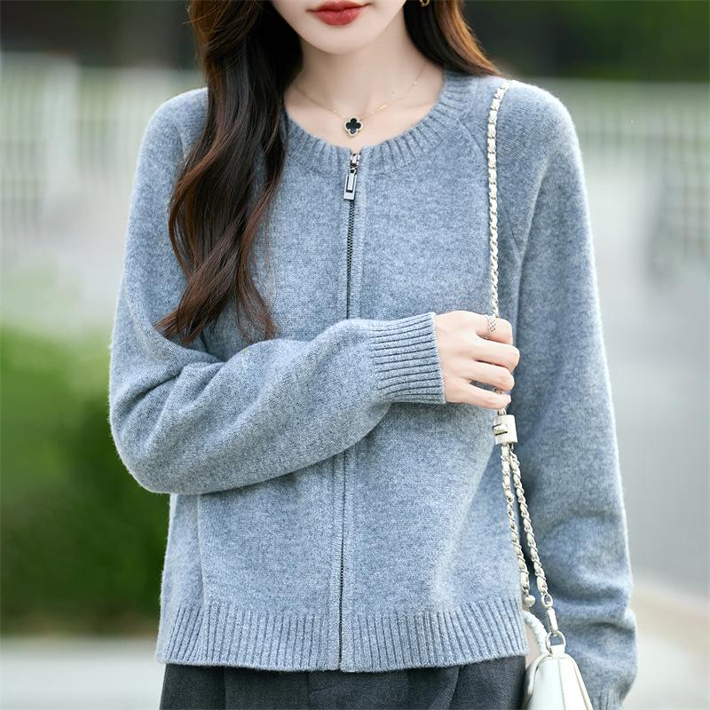 Women's Pure Wool Zipper Cardigan - Thick, Round Neck, Casual, Loose Fit Sweater for Autumn & Winter