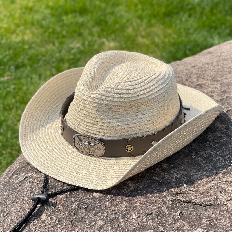 Big Eaves Western Cowboy Hat Men's Summer Travel Photo Tibetan Ox Head Straw Hat Women's Outdoor Sun Protection Hat