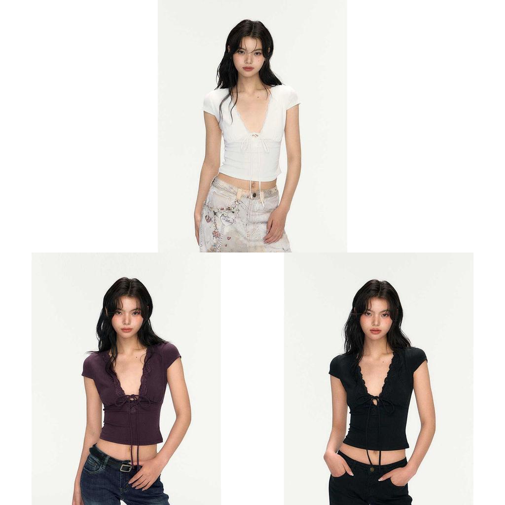 Sexy Black V Neck T Shirt For Women Summer Short Sleeve Slim Fit Casual Top