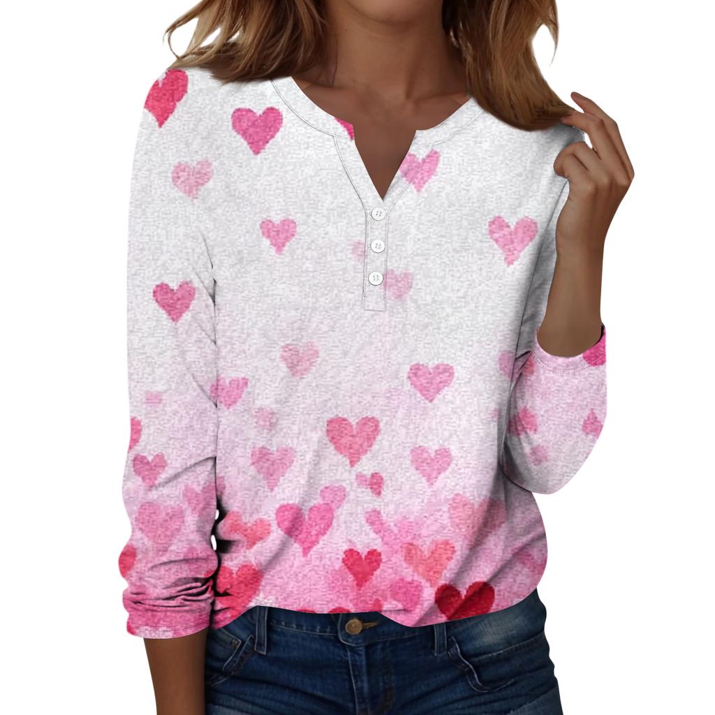 Damen T-Shirt mit Weihnachtsdruck, Knopfleiste, lange Ärmel, für den Alltag, Wochenende, modisch, Basic, V-Ausschnitt, normales Oberteil