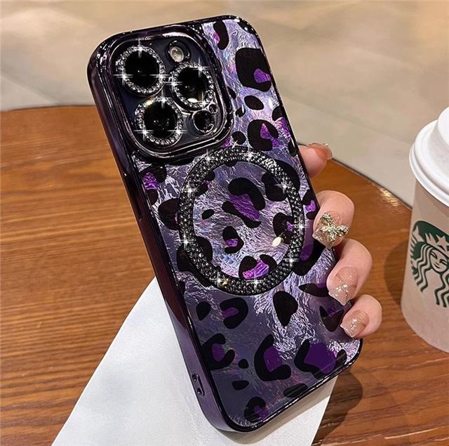 For iPhone 16 Pro Max Luxury Plating Magsafe Magnetic Flash Diamond Leopard Print Phone Case For iPhone 13 14 15 Plus Lens Cover
