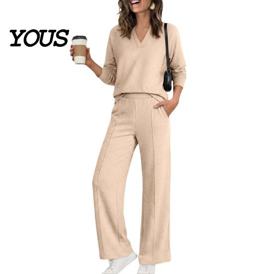 Damen Lässiges Loungewear Sweatshirt Hosen 2-teiliges Set, V-Ausschnitt Langarm Oberteil & Weiter V-Ausschnitt Pullover Sets Hosen mit Elastischem Bund, Einfarbig