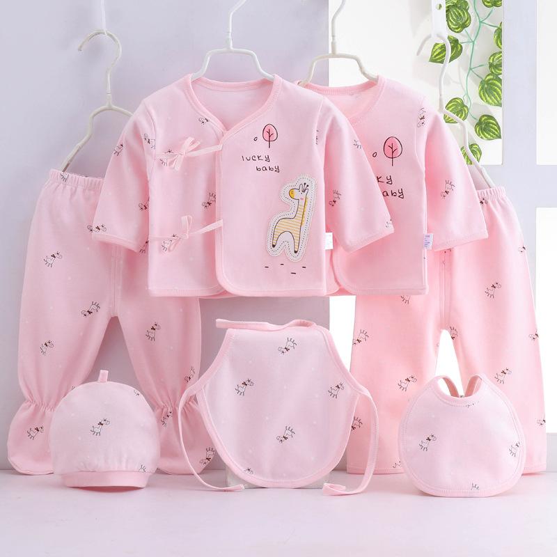 7Piece Spring Newborn Baby Stuff Toddler Clothes Cartoon Cute Cotton T-shirt+Pants+Hats Infant Boys Girls Clothing Set Newborn(0-3M)