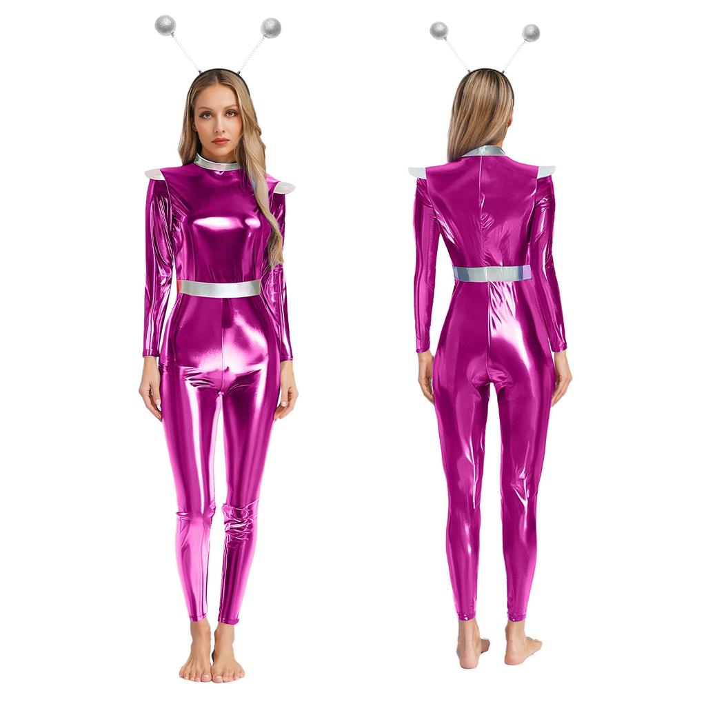 S-3XL Womens Alien Robot Astronaut Cosplay Jumpsuit with Headwear Long Sleeve Full-body Metallic Shiny Unitard for Halloween Theme Party