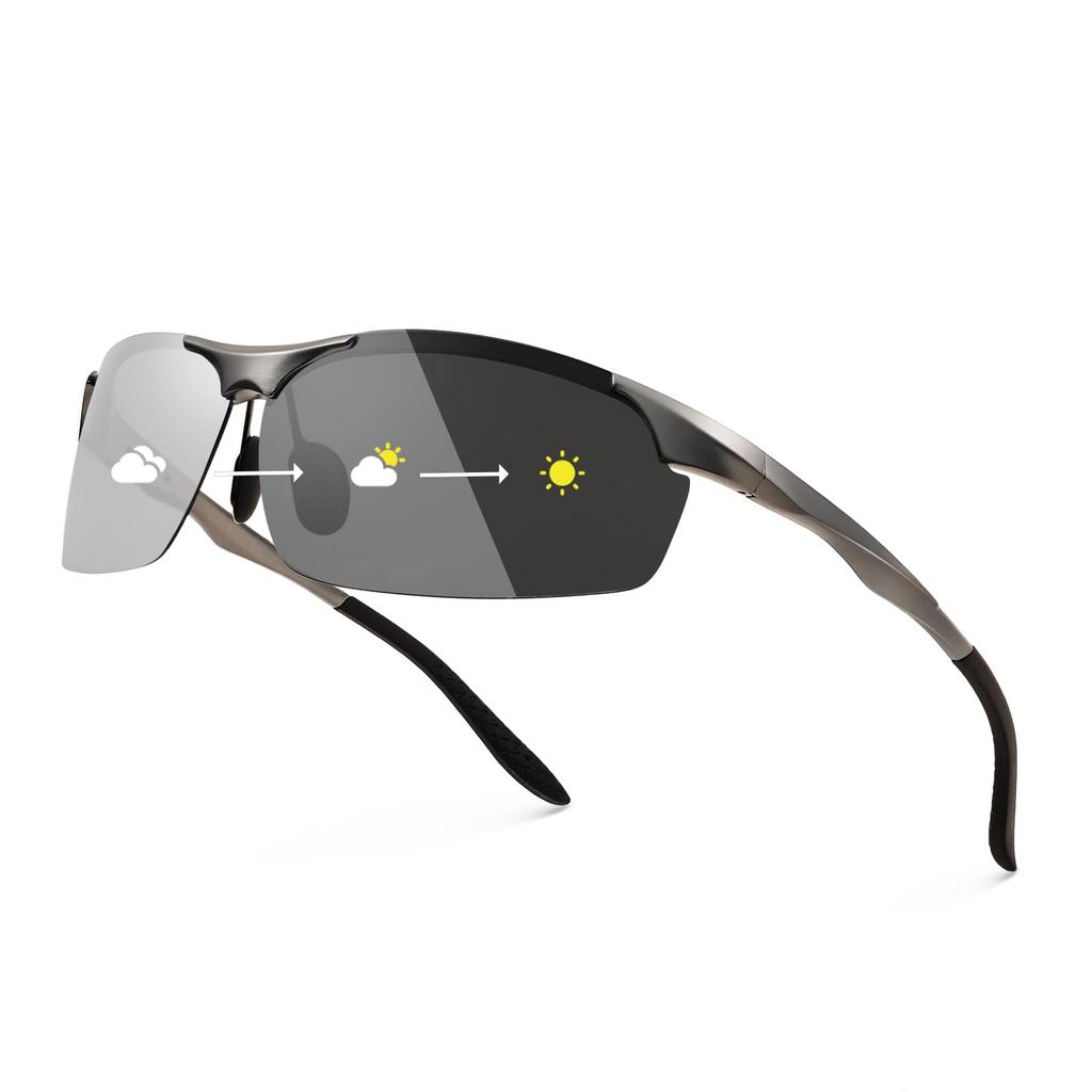 Polarized Photochromic Sunglasses UV400 Oval Square Small Alloy Half Rim Frame Lightweight Sports Bicycle Fishing Driving B1087 [FEISEDY] Men's