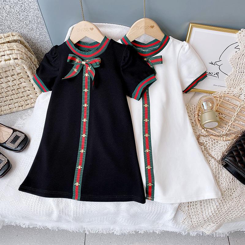 Letní dívčí bavlněné princeznovské šaty v korejském stylu s mašlí, s krátkým rukávem