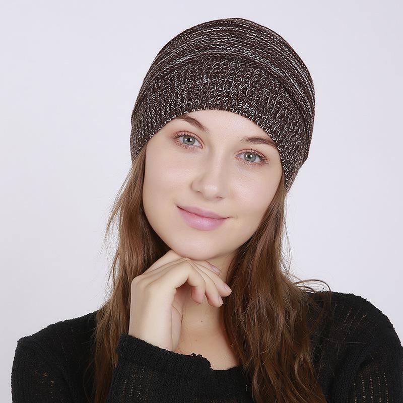 Autumn and Winter Warm Knitted Ear Protection Pile Up Hats Color Mixing Women's Hats