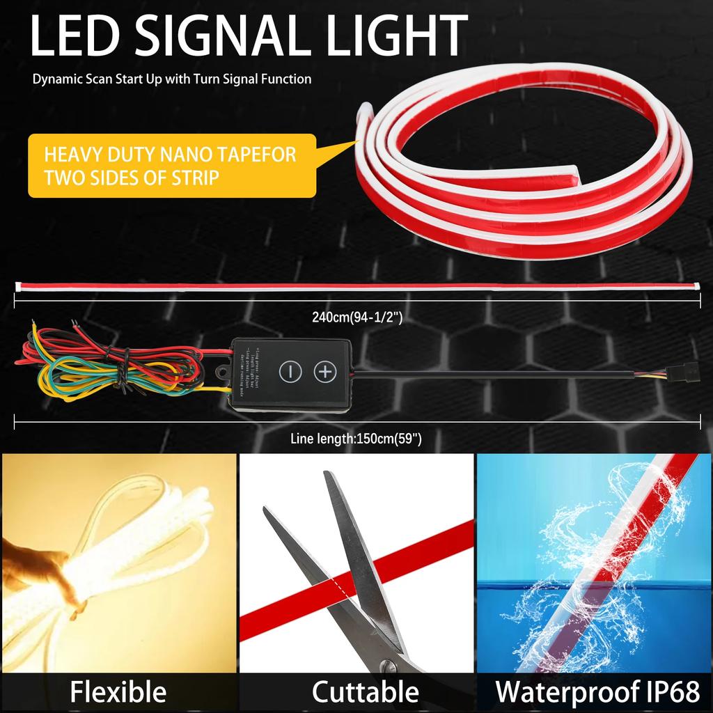 240cm LED Hood Light Strip Hood LED Light Strip With Amber Turn Signal Lights Waterproof Flexible White Dynamic Scan Start Up
