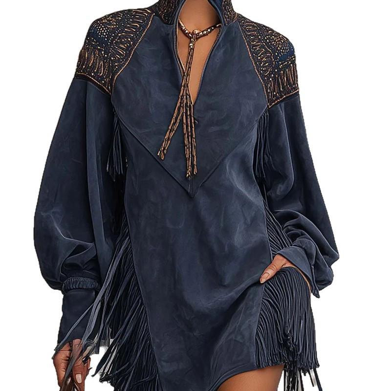 2025 European & American V-Neck Tassel Embroidery Dress for Women