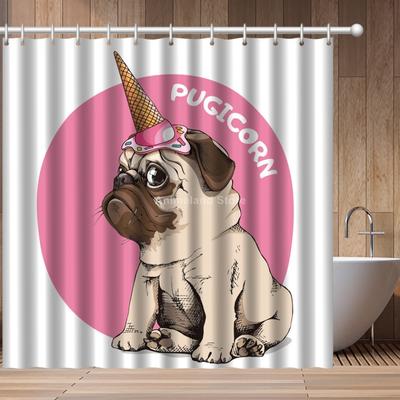 Mops Tier Hund Niedlich Mode 3D Druck Duschvorhang Badezimmer Set Mit Wasserdichtem Haken Badvorhänge Cartoon Kinder Afrikanisch Lustig