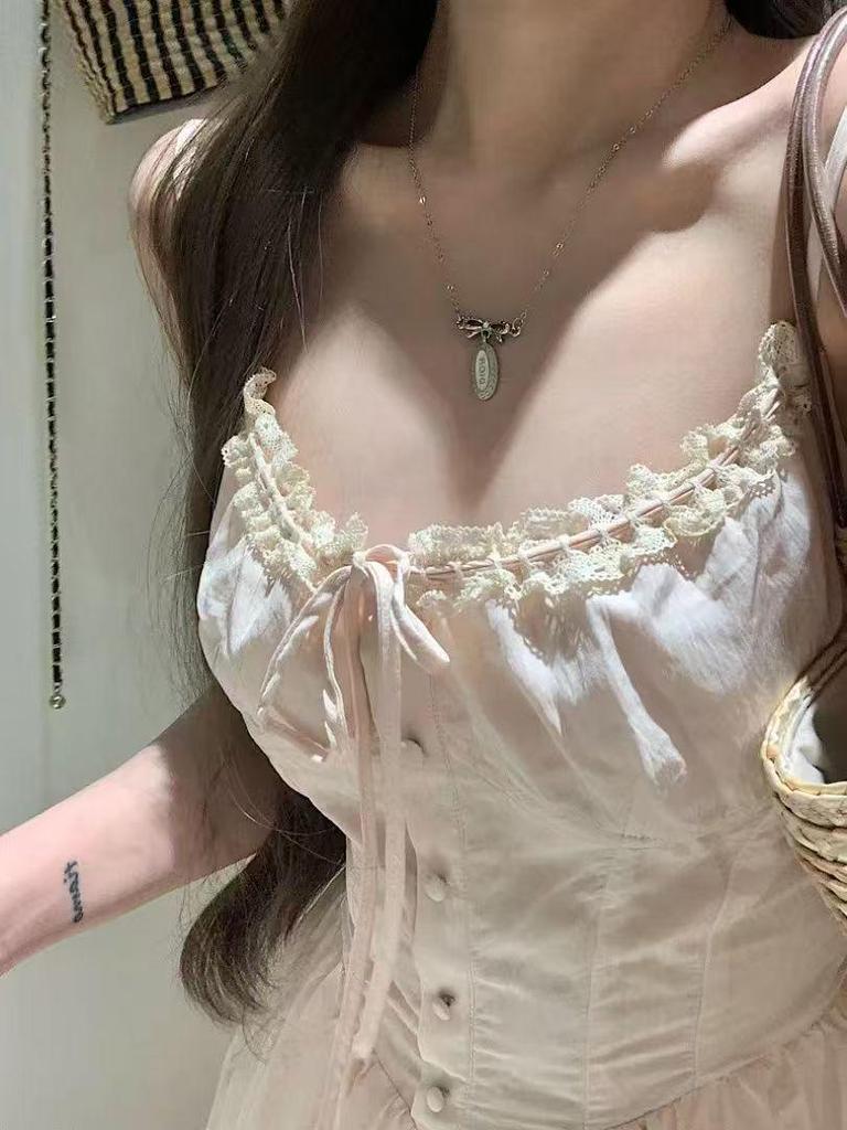 Pink French Lace Patchwork Camisole Dress - Gentle Summer Vacation Style Fairy Long Dress
