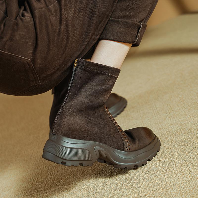 Fashion 2025 New Autumn Motorcycle Women Boots Women Shoes Round Toe Chunky Heel Modern Platform Stretch Short Boots Ladies Shoes