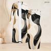 Women Plus Size Two Piece Set Long Sleeve Open Front Cardigan Sleeveless Abstract Printed Bodycon Dress
