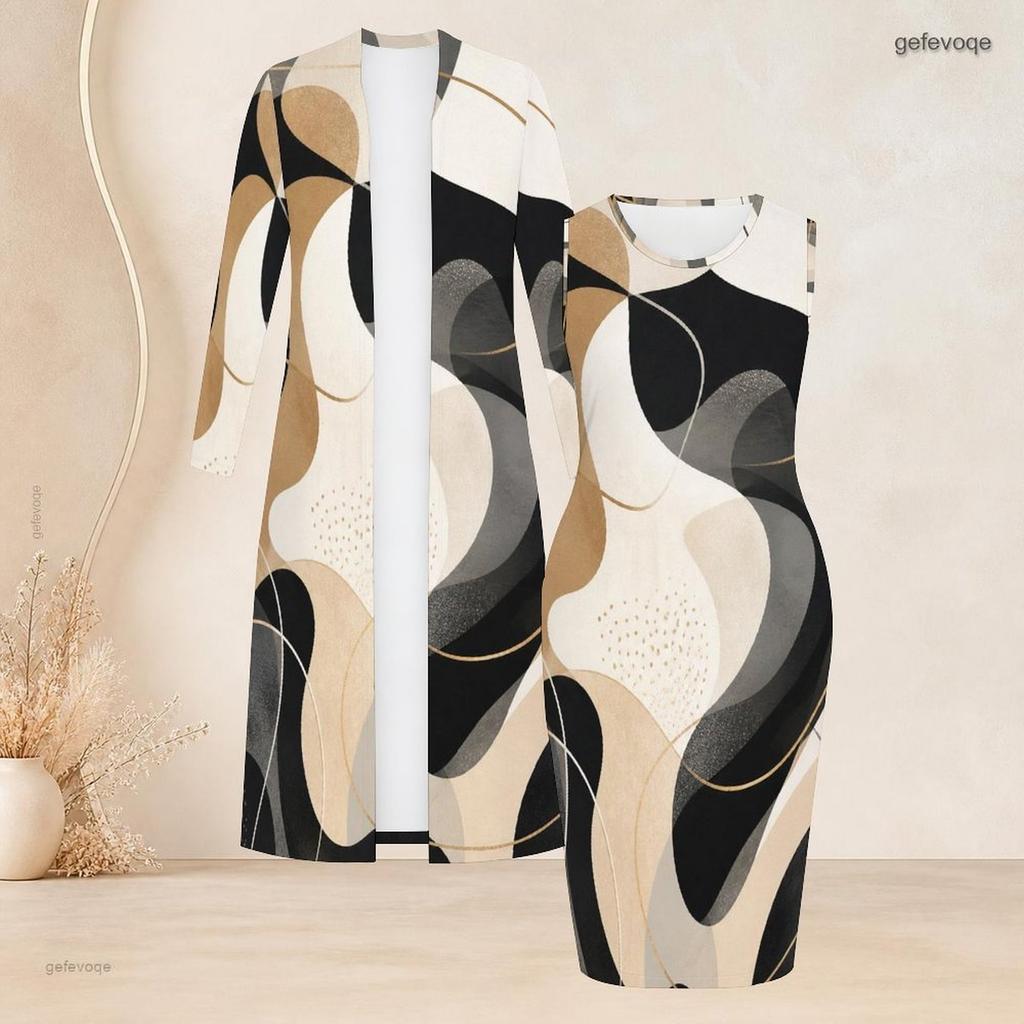 Women Plus Size Two Piece Set Long Sleeve Open Front Cardigan Sleeveless Abstract Printed Bodycon Dress