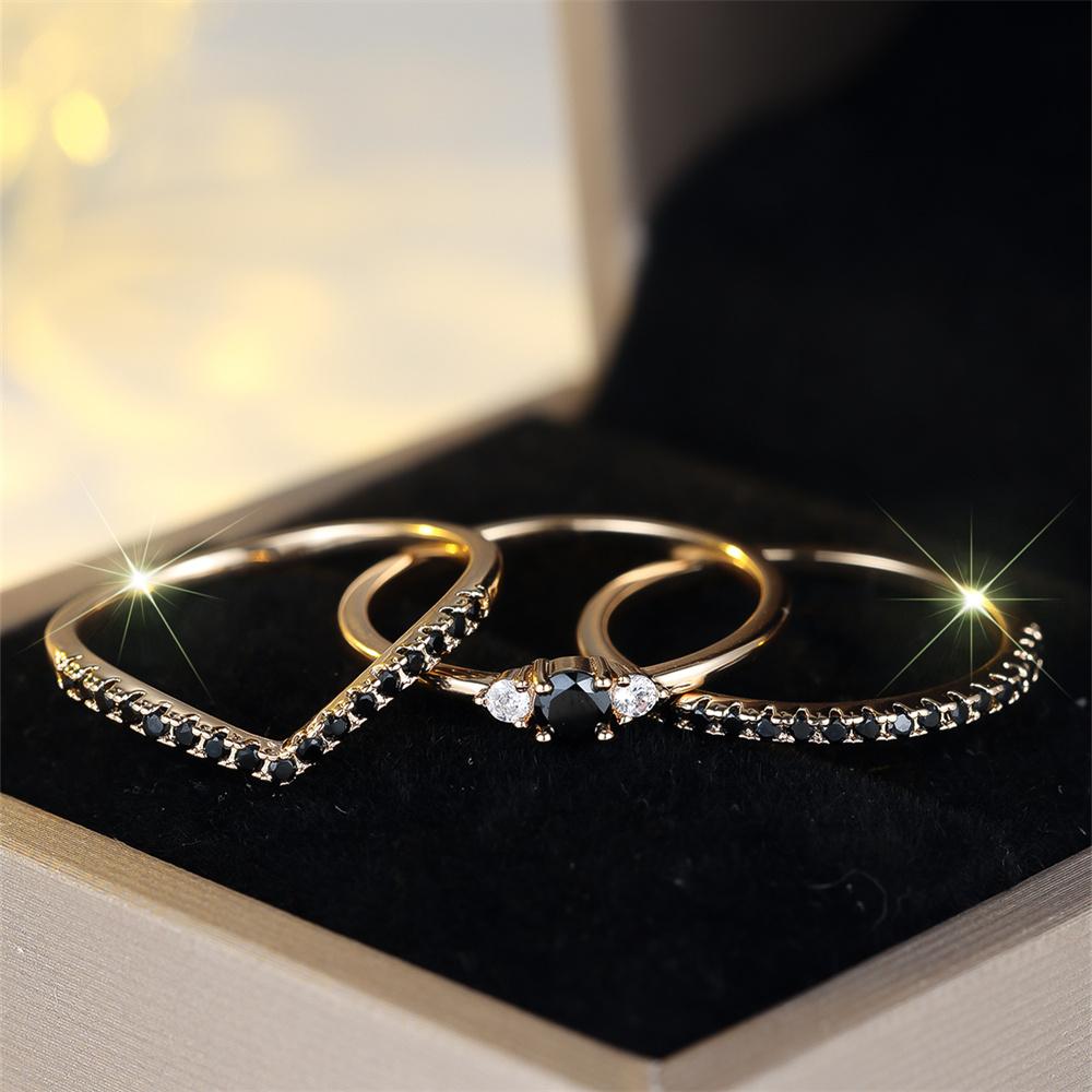 3pcs Vintage Round Stone Black Zircon Ring Sets For Women Antique Gold Color Engagement Bands Wedding Jewelry Set Versatile Gift