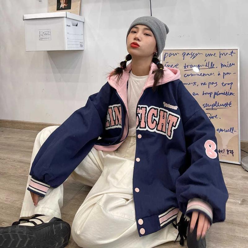 New Trendy Fashion Letter Printing Embroidered Baseball Uniform Female Couple retro Harajuku Loose American Street Jacket Women