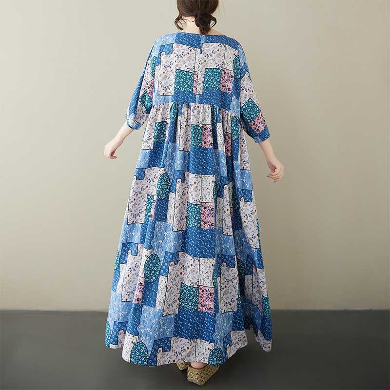 Round Neck Short Sleeved Artistic Retro Casual Loose Women's Dress