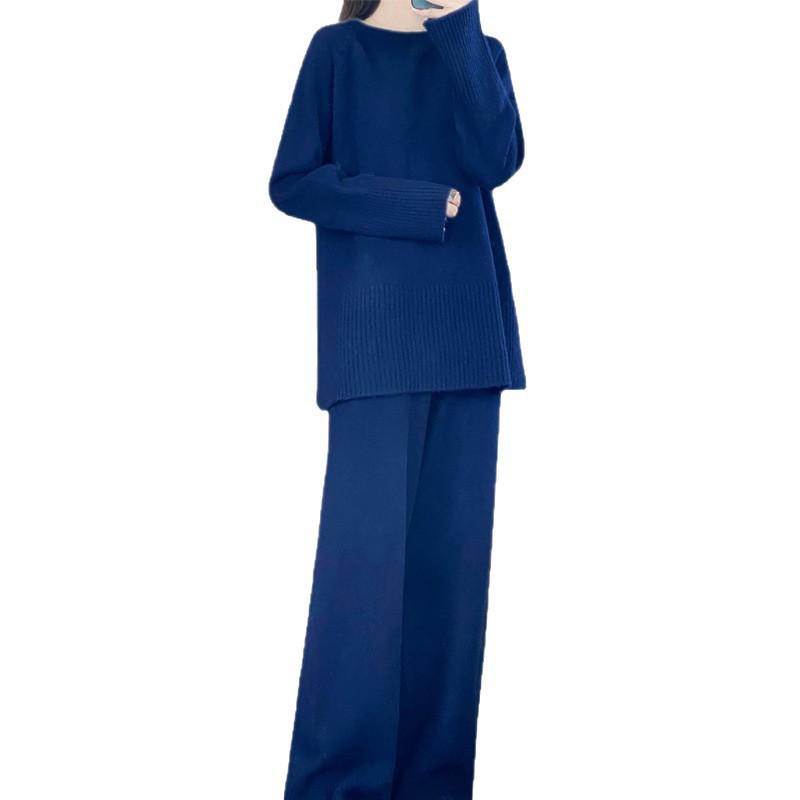 Autumn/Winter Cashmere Knitwear: Thick Long Sweater & Loose Wide-Leg Pants Two-Piece Set