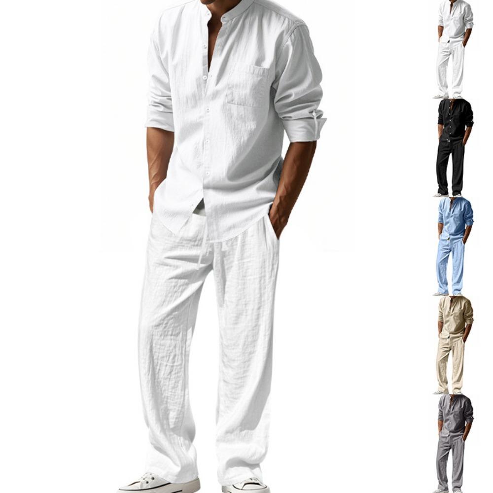 New Spring and Summer Men's Suit Linen Casual Loose Breathable Long Sleeves Shirt Trousers 2 Set of Beach Vacation Essential