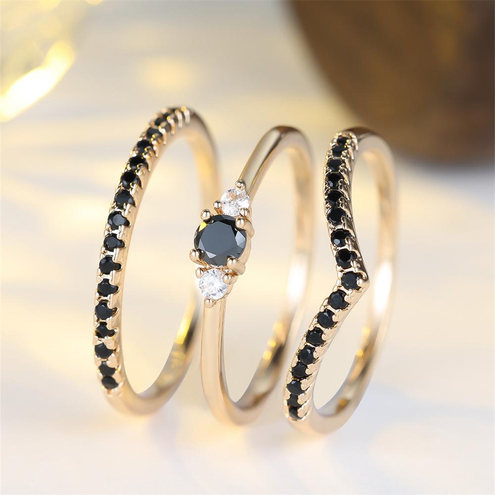 3pcs Vintage Round Stone Black Zircon Ring Sets For Women Antique Gold Color Engagement Bands Wedding Jewelry Set Versatile Gift