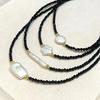 Black Spinel Baroque Special-Shaped Petals Freshwater Pearl Collarbone Chain Square Button Silver Bar Freshwater Pearl Necklace