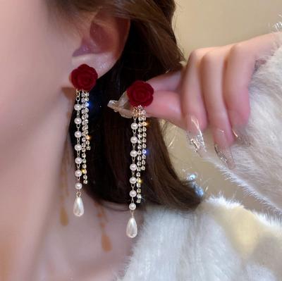 Camellia Tassel Stud Earrings 2023 New Bride Earrings Imitation Pearl Earrings