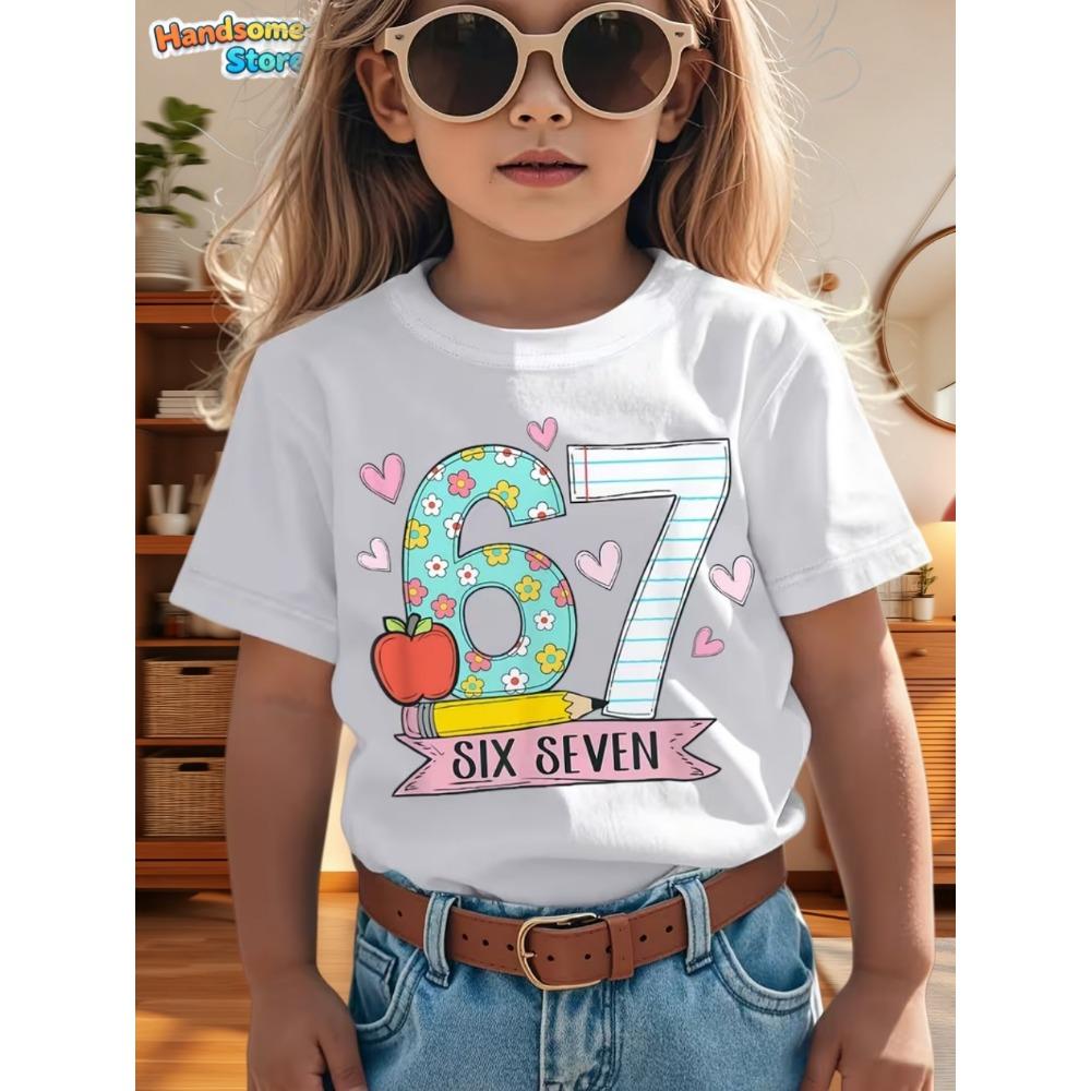 67 Meme T-shirt för Pojkar Flickor Mode Stänkt Bläck 3D-tryck Flickas Kortärmade T-shirts Rundhalsade Toppar Löst Barnkläder