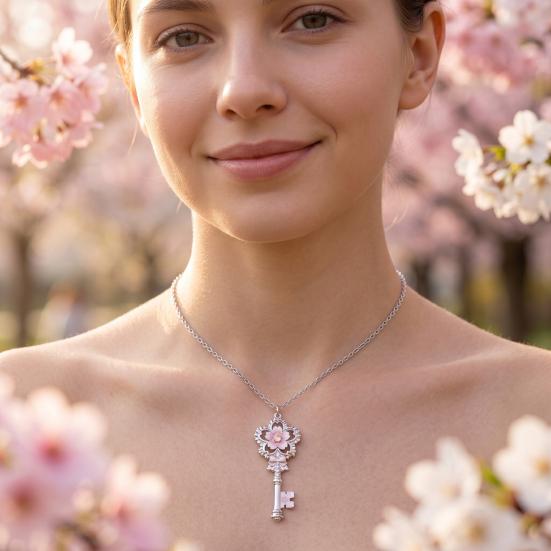 Cherry Blossom Key Necklace Pendant Pink Enamel Alloy Choker Romantic Jewelry Gift for Women Girlfriend Mom