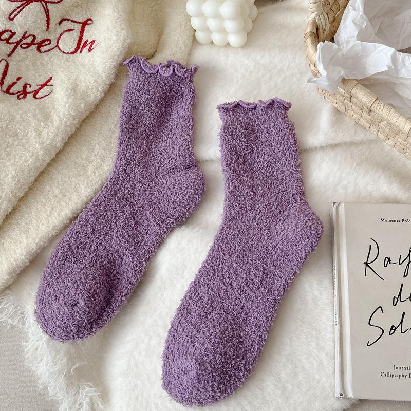 Fungus Edge Coral Fleece Socks Women'S Winter Warm Feet Thickened Warm Medium Tube Home Floor Socks Lace Solid Color Women'S Socks