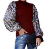 Women Autumn Winter Mock Neck Sequins Patchwork Long Puff Sleeve Blouse Shirt Top