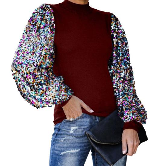 Women Autumn Winter Mock Neck Sequins Patchwork Long Puff Sleeve Blouse Shirt Top