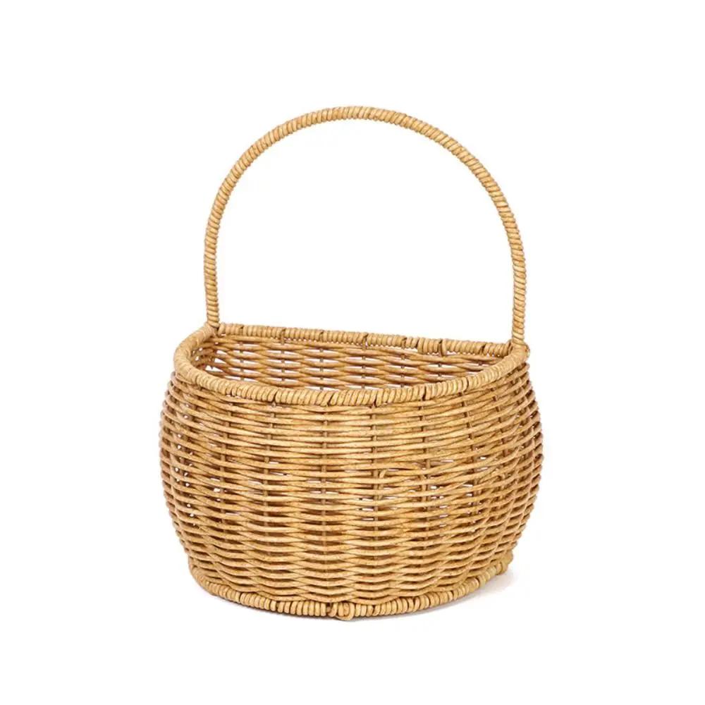 Imitation Rattan Kitchen Storage Basket Brown with Handle Hand-woven Hanging Baskets Vegetable Fruit Flower Toilet Rack