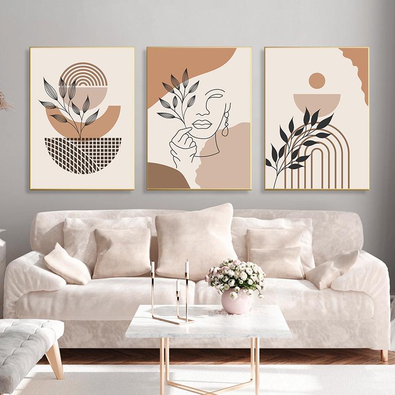 Nordic Bohemian Canvas Painting Vintage Minimalist Line Leaf Wall Art Geometric Prints For Modern Living Room Home Decor Unframed
