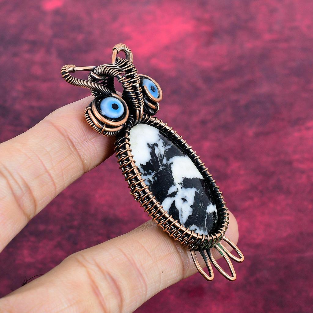 White Buffalo Turquoise & Black Evil Eye Pendant Copper Wire Wrapped Owl Pendant