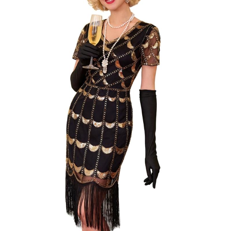Платья Флэппер 1920-х годов V-образный вырез Блестки Бахрома Платье Великий Гэтсби для Женщин Коктейльные Платья S чёрный/золотой