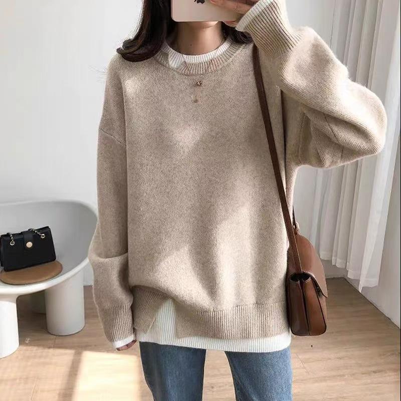 

Fake two-piece pullover sweater for women s autumn and winter new loose soft waxy casual color matching knitted sweater for women One Size