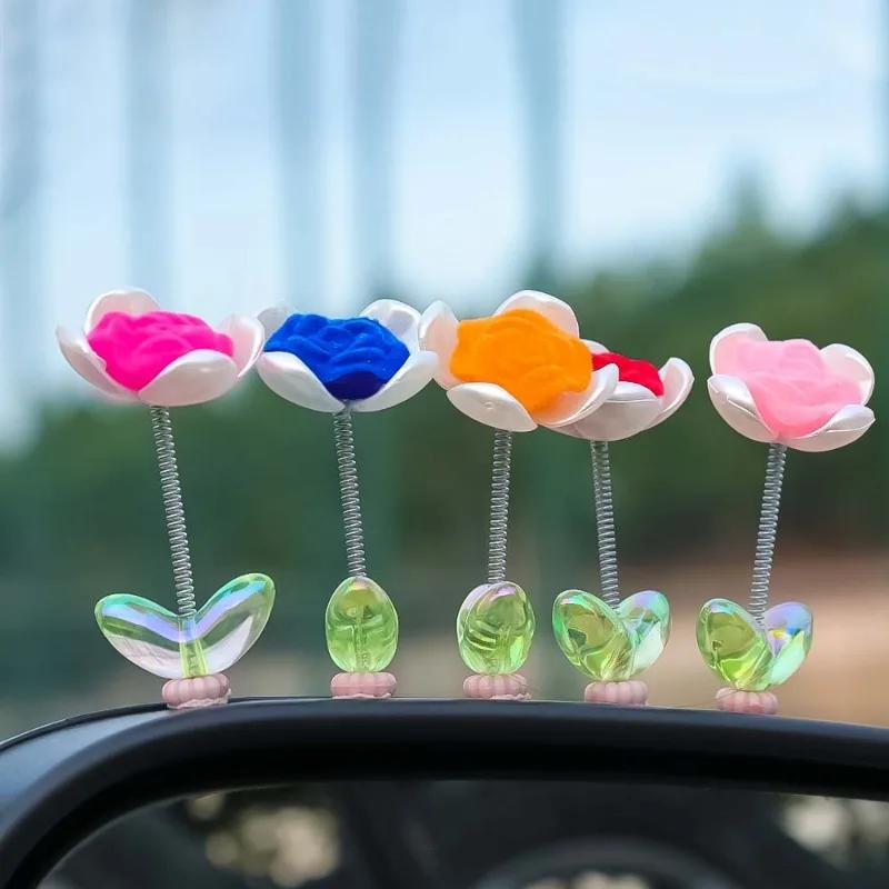 Mini Car Ornaments Car Center Console Spring Shaking Head Rose Decoration Pendant with Double-sided Adhesive Tape Healing Series