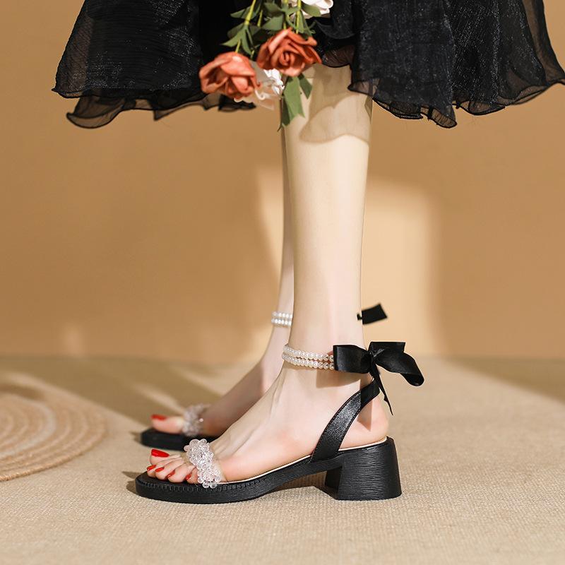 Rhinestone Sandals Women's Pearl Bow Leaky Toe Women's Shoes Fairy Shopping Sandals Women