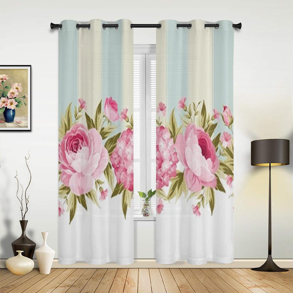 Blühende Blumen und Streifen Fenstervorhänge für Wohnzimmer, luxuriöse Schlafzimmerdekoration, Vorhänge, Küchenfensterbehandlungen, Vorhänge