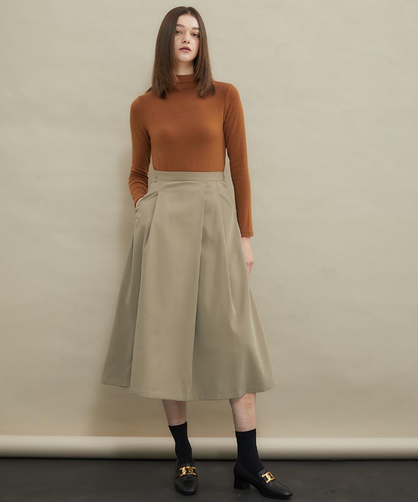 MANAVIS7 Pintuck A-Line Long Skirt [Beige]