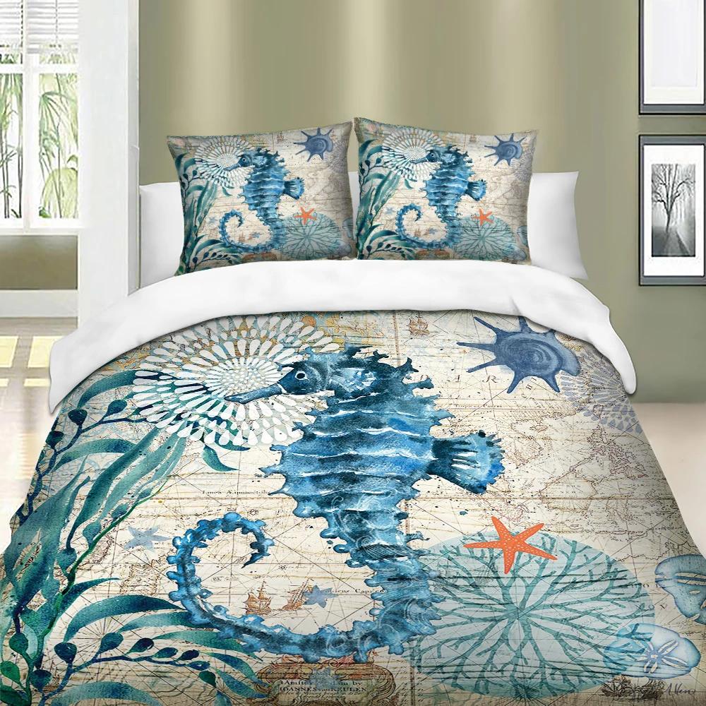 Comforter Mediterranean Style Sea Horse Bedding Set Double Print Starfishseaweed Blue Duvets Set Comforter With Pillow Shams