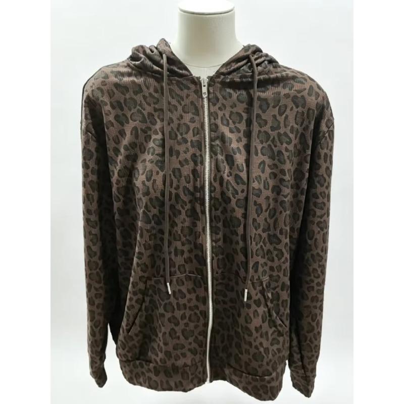 Y2K Leopard Print Hooded Jacket Women Full Zip Drawstring Hood Long Sleeve Loose Fit Streetwear Street Ladies Outerwear