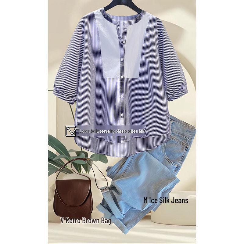 Summer 2026 Women s Artistic Casual Stripe Patchwork Five-Sleeve Shirt XL