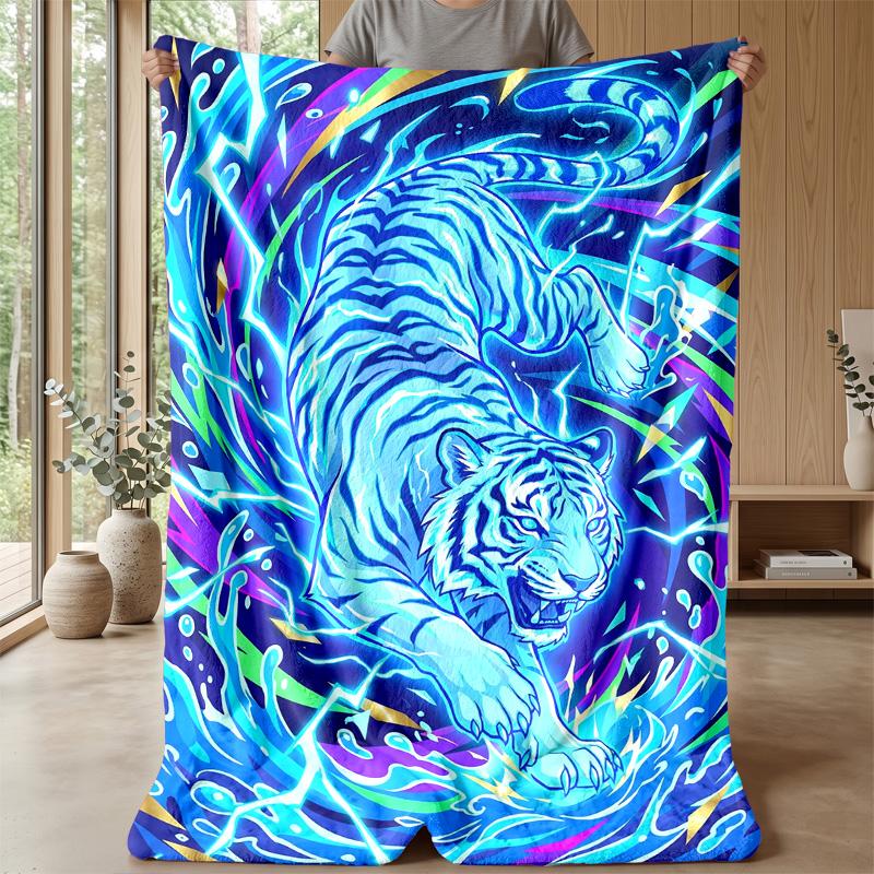 Energetic Blue Tiger Artwork Theme Blanket Lightweight Warm Flannel Blanket Decorative Throw Blanket for Home Decoration